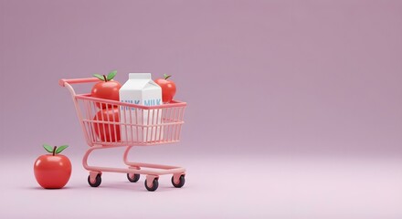 Pink Shopping Cart with Apples and Milk Carton