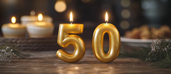 Golden anniversary celebration featuring a metallic gold number 50 candle illuminated against a blurred warm background with soft bokeh lights