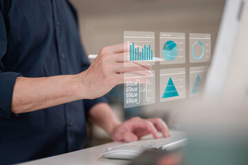 Businessman touch investment growth graph chart and analysing growth achievement diagram data...