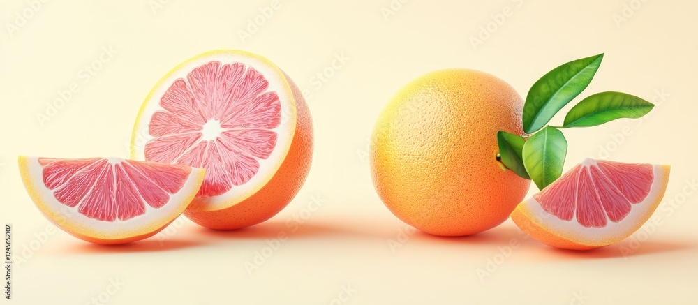 Poster vibrant grapefruit slices with a whole grapefruit and orange, set against a soft pastel background, 