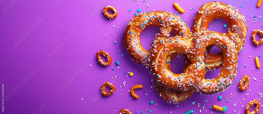 Poster vibrant purple background featuring a cluster of salted pretzels and colorful candy scattered joyful