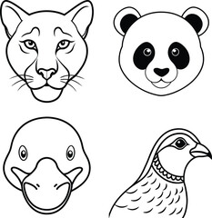 Animal Head Illustrations: Lioness, Panda, Platypus, Quail - Line Art Collection