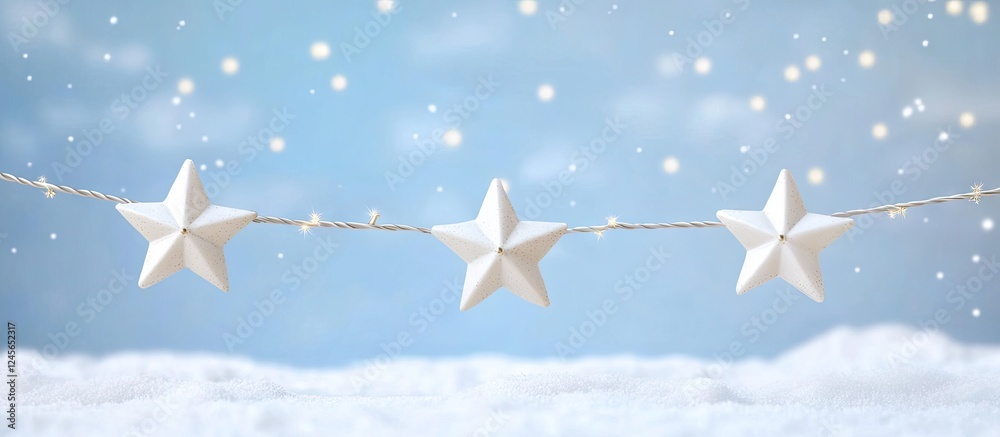 Poster festive white paper stars strung on a twinkling string against a soft blue sky with gently falling s