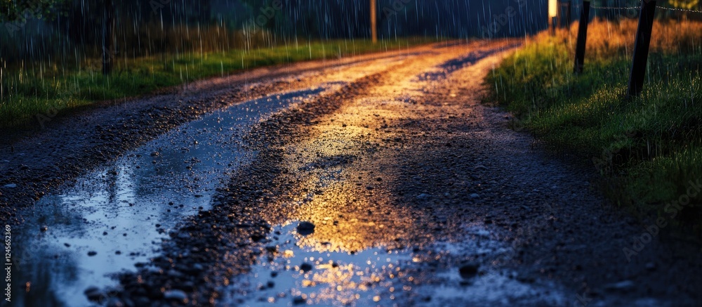 Poster serene dirt road after rain reflecting warm streetlight glow amidst lush green grass and trees in tw