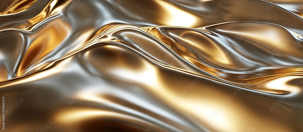 Poster glossy gold texture with smooth, flowing waves reflecting light; features warm golden hues on a luxu