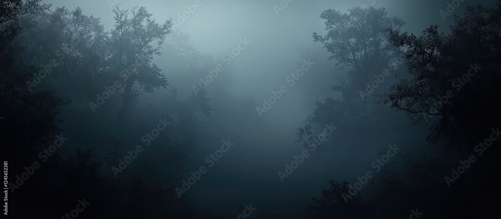Aufkleber Mysterious rainforest jungle shrouded in fog with dark shadows and an ominous sky creating a dramatic and atmospheric wilderness scene