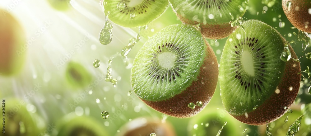 Poster vibrant green kiwifruit slices with droplets against a soft light background highlight freshness and
