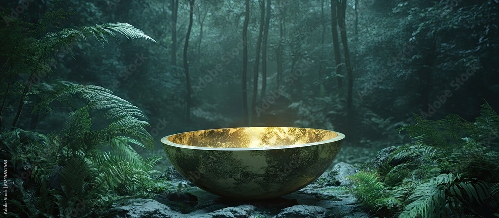 Aufkleber Vibrant golden bowl in lush green forest setting surrounded by dense foliage and misty atmosphere creating a serene and magical environment