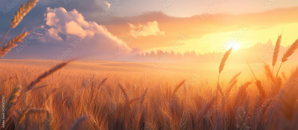 Poster Golden wheat field illuminated by warm sunset light with soft fog creating a tranquil atmosphere showcasing golden hues and distant mountains.
