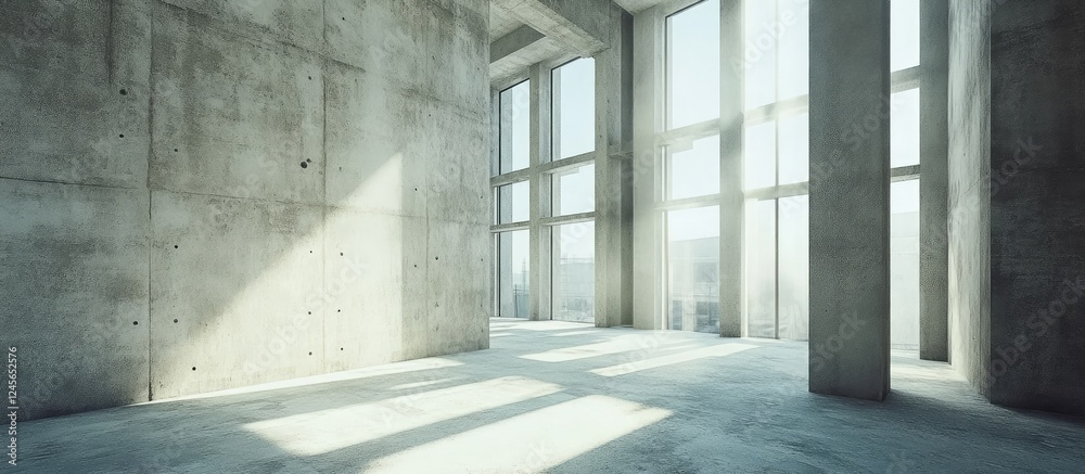 Fototapete modern empty room with large floor-to-ceiling windows casting shadows on concrete walls and floor, b