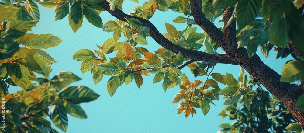 Poster lush green leaves with hints of orange and brown on branches against a clear light blue sky creating
