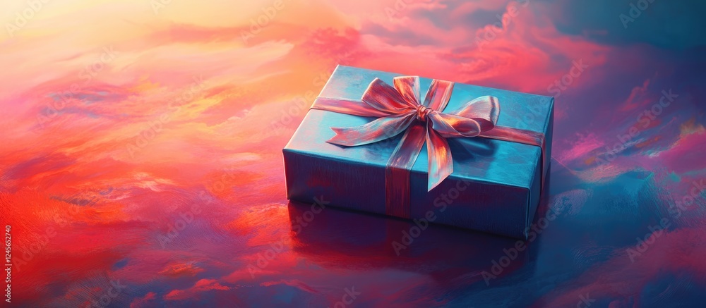 Poster bright blue gift box with a red ribbon centered on a vibrant gradient background of orange and purpl