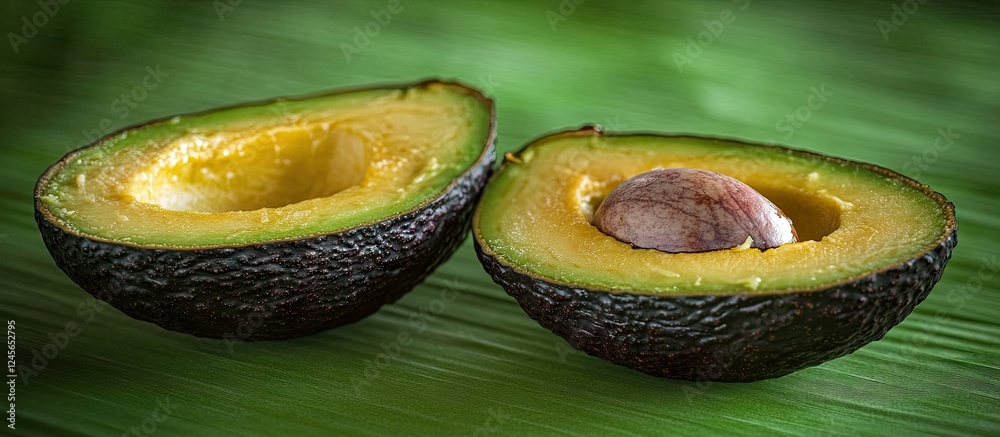 Poster halved avocados on a vibrant green background showcasing rich colors with a central seed creating a 