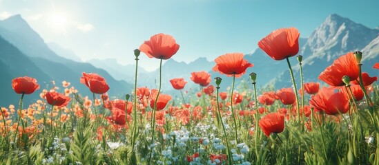 Fototapeta premium Vibrant field of red mountain poppies in foreground with delicate wildflowers against majestic mountains under a clear blue sky and soft sunlight.