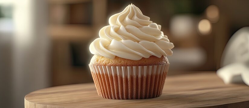 Vanilla cupcake with cream frosting positioned right of center on a wooden surface, warm tones accentuating the inviting dessert appeal.
