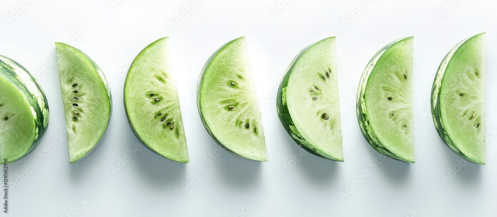 Poster fresh green watermelon slices arranged neatly against a clean white backdrop showcasing their vibran