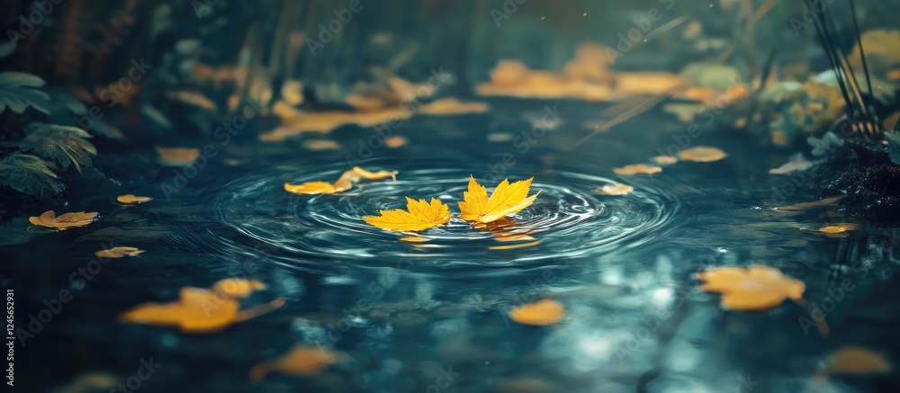 Poster vibrant yellow leaves gently resting on a dark puddle surrounded by green foliage creating a serene 