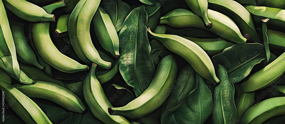 Poster vibrant arrangement of green bananas and leaves captured from above showcasing rich textures and col