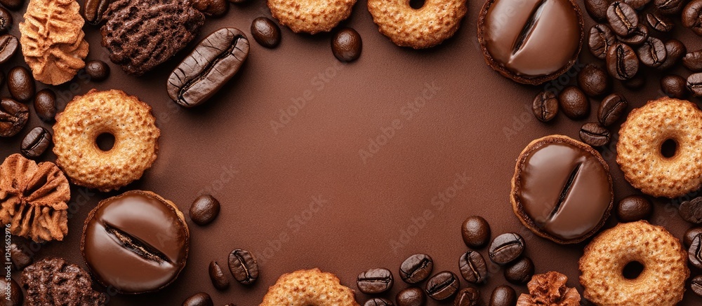 Poster delicious assortment of chocolate, coffee beans, and cookies arranged on a rich brown background cre