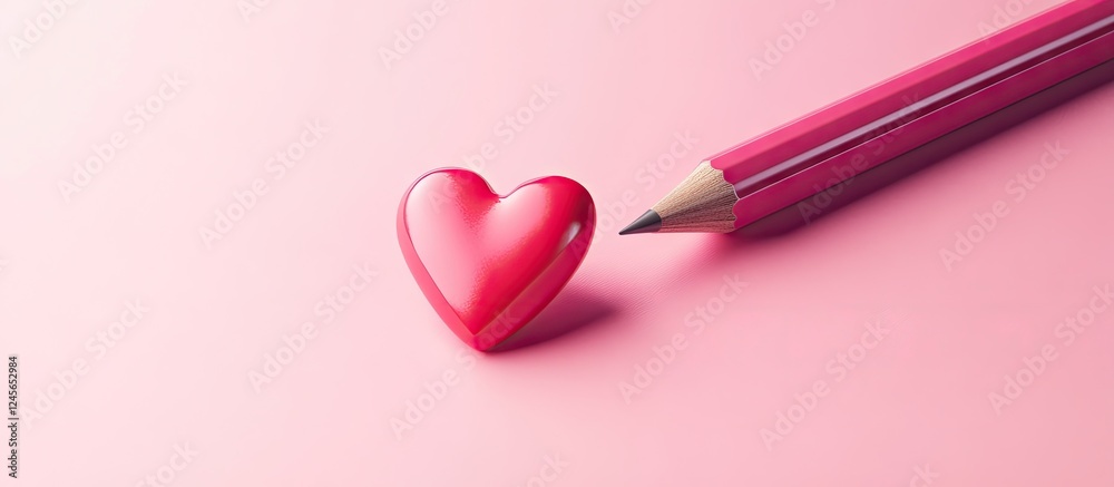 Poster creative pencil and vibrant heart on soft pink background symbolizing affection and imagination with