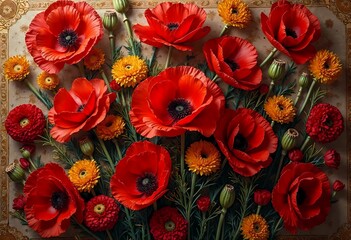 Vibrant Poppies and Marigolds Adorn an Elegant Floral Arrangement. Generative AI