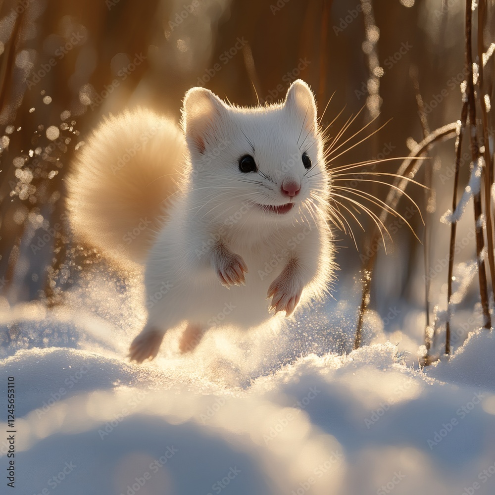 Wall mural sharpfocused image of a white stoat midleap fur detailed and joyful expression captured set against 