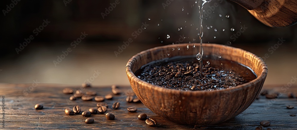 Poster freshly brewed coffee in a wooden bowl with coffee grounds surrounded by coffee beans and warm water