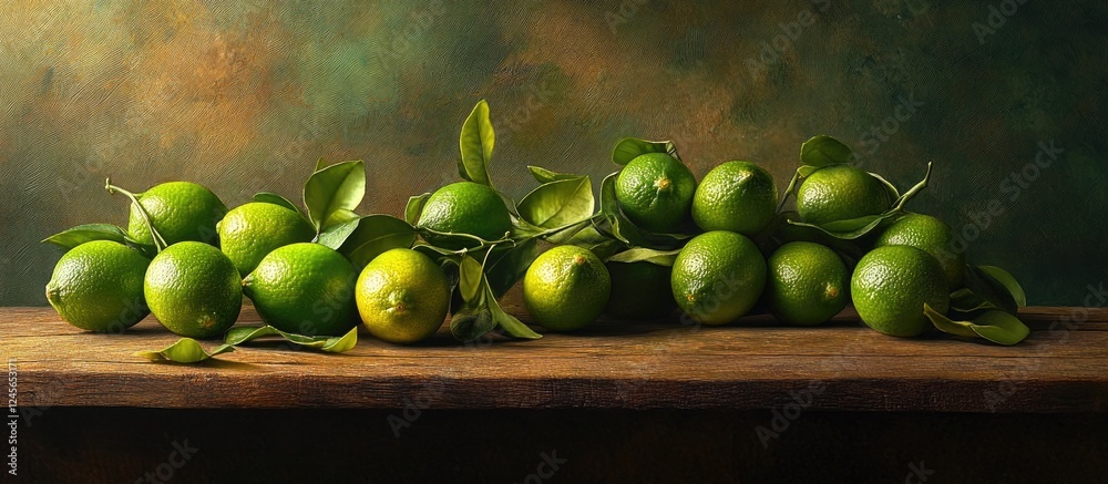 Poster vibrant green limes with leaves arranged on a rustic wooden table against a textured dark background