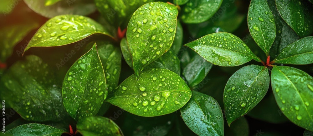 Poster lush green tropical leaves with droplets enhancing a serene atmosphere light reflections creating a 