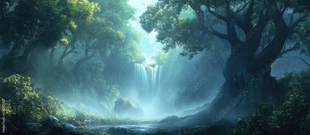 Leinwandbilder misty forest landscape with dense fog and towering green trees, soft light illuminating a serene wat
