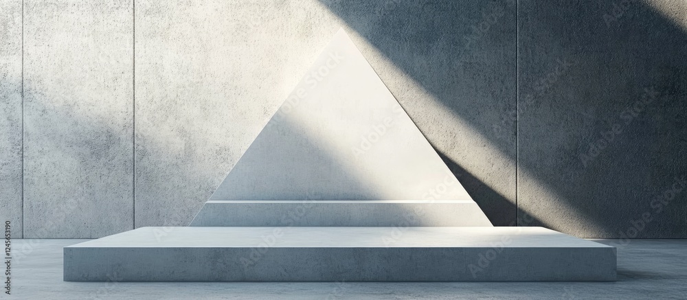 Leinwandbilder Minimalist concrete stage with a large triangular prism at center, soft shadows from the left, muted gray tones, ideal for modern presentations.