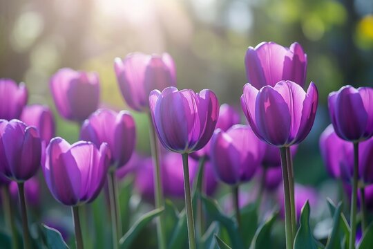 Purple tulips blooming sunlight garden spring background - Powered by Adobe