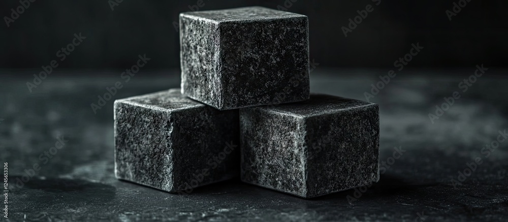 Poster Minimalistic dark scene featuring three textured black cubes positioned in the foreground against a smooth black backdrop for product showcasing