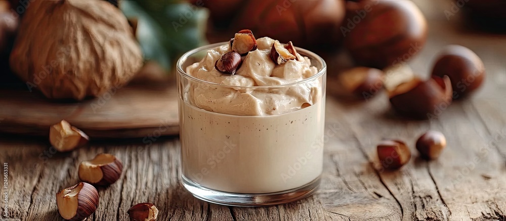 Poster chestnut cream in a clear glass with a dollop of whipped topping placed on a rustic wooden table sur