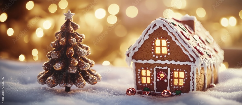 Poster cozy gingerbread house with icing details next to a sparkling christmas tree toy, set against a soft