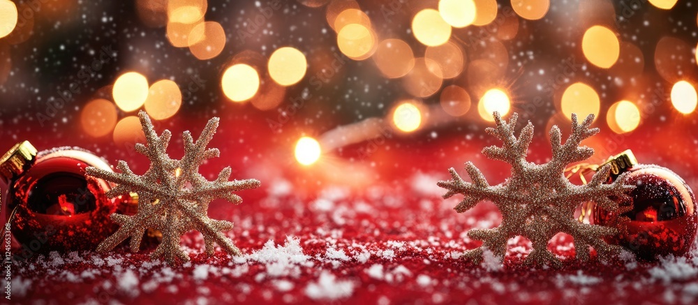 Poster elegant festive red background adorned with shimmering golden bokeh lights, featuring red ornaments 
