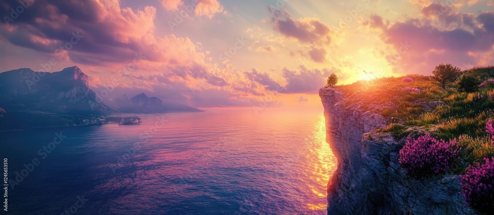 Poster vibrant sunset over a serene ocean with cliffs and colorful sky hues of pink and orange reflecting o