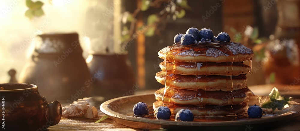 Poster Stacked golden pancakes drizzled with shiny maple syrup topped with vibrant blueberries on a rustic wooden plate with soft warm lighting