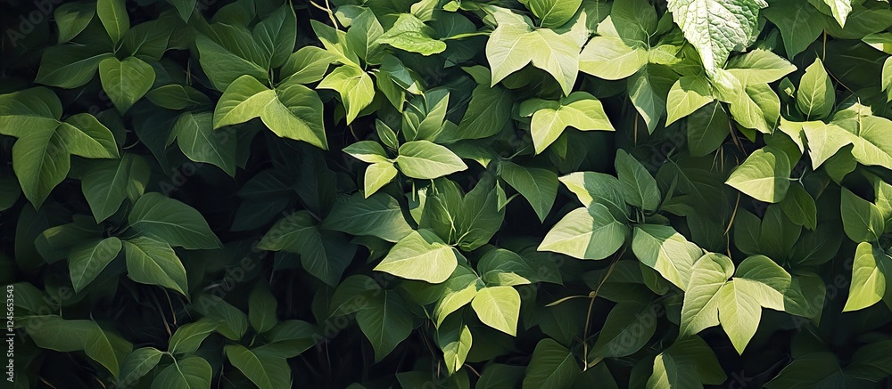 Poster Lush green foliage background with vibrant leaves creating a natural setting for a rustic bag of flour and various baking grains positioned centrally.