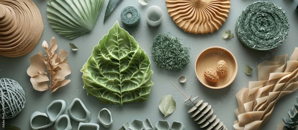 Poster eco friendly crafted items displayed in pastel greens and earthy tones on a soft blue background sho