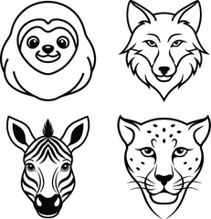 Animal Head Illustrations: Sloth, Wolf, Zebra, Cheetah - Line Art Collection