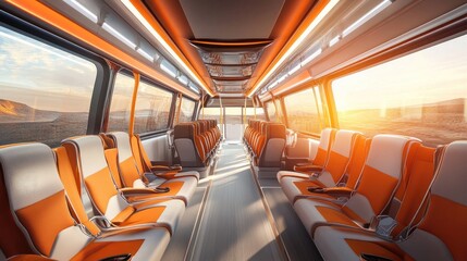 Fototapeta premium An empty bus interior showcasing rows of bright seats and modern amenities, with sunlight streaming through the windows, highlighting a clean and inviting space.