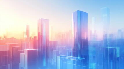 Futuristic city skyline at sunrise with vibrant colors and digital elements.