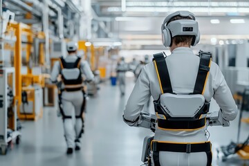 Workers in a clean industrial hub use robotic exoskeletons to perform prolonged repetitive tasks, boosting efficiency.