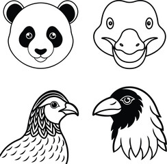 Animal Line Art Set: Panda, Pig, Bird, Crow