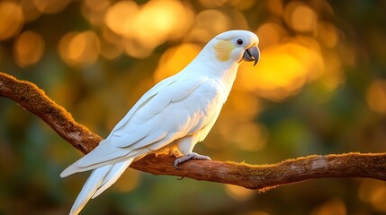 Fototapeta premium Elegant white cockatoo perched on a branch, surrounded by a vibrant, blurred sunset background