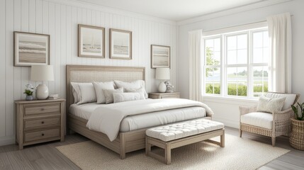 Fototapeta premium A bright and airy white bedroom with a beautifully arranged bed, subtle wall art, and a calming atmosphere created by neutral tones and textures.
