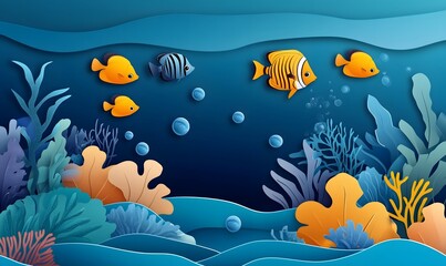 Tropical fish swim in ocean coral reef, paper art style, underwater scene, nature background, ideal for kids' book