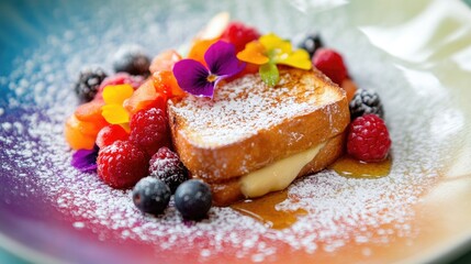 A close-up of a slice of warm honey toast oozing with honey and butter, surrounded by colorful berries and a dusting of powdered sugar on a vibrant plate.