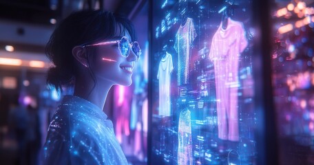Fototapeta premium Young woman wearing futuristic glasses, admiring glowing digital clothing display in virtual fitting room at high-tech retail store